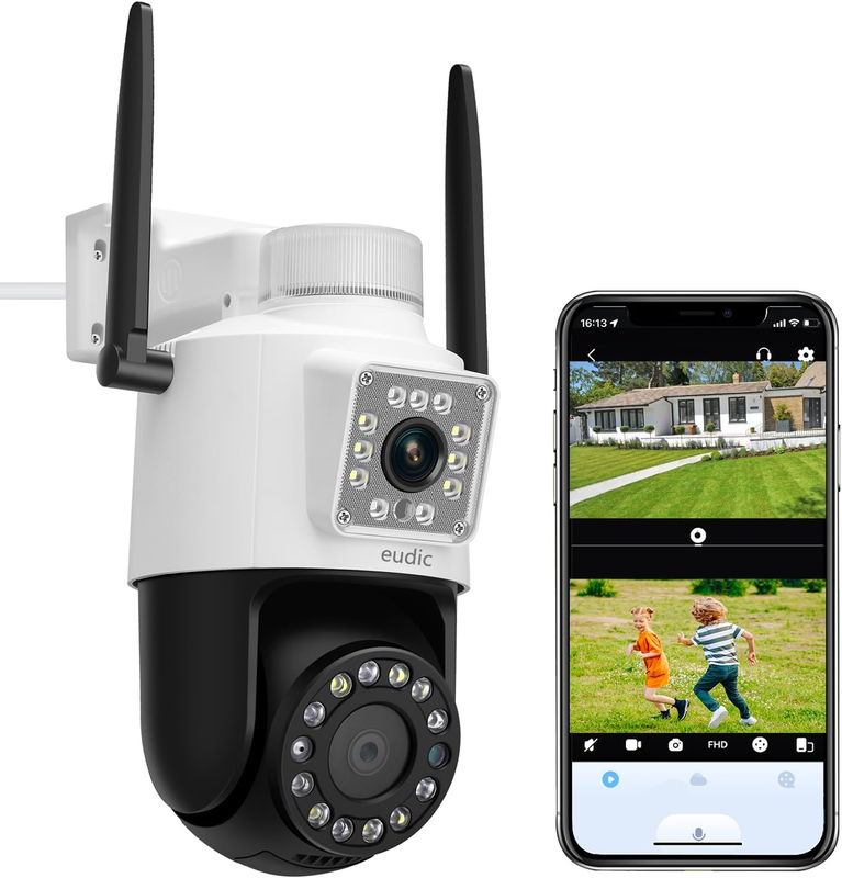 Security Camera Outdoor Wired Dual Camera 1080P , Free Cloud Storage ,Auto Track