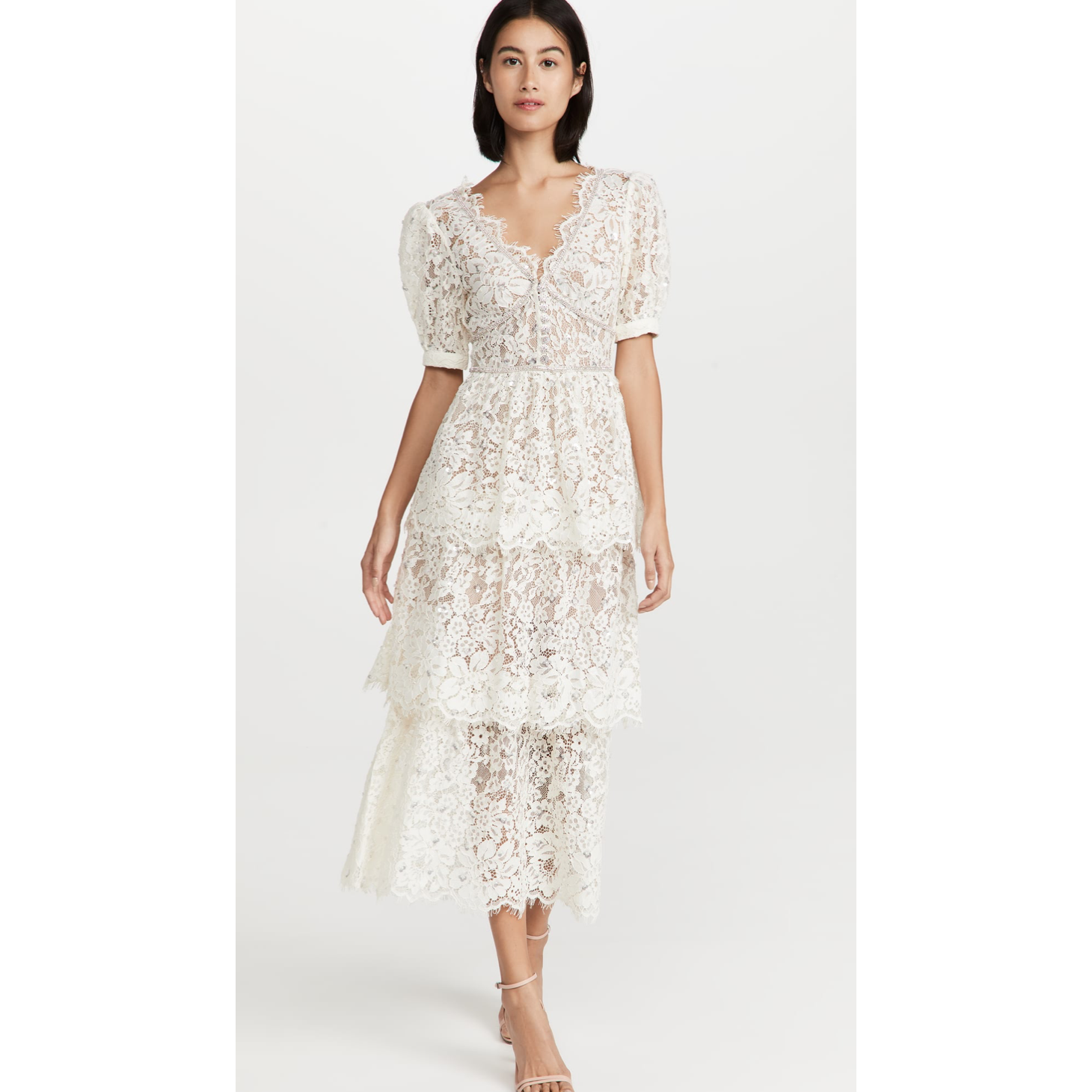 Pre-owned Self-portrait Self Portrait Cream Embellished Tiered Dress In Ivory