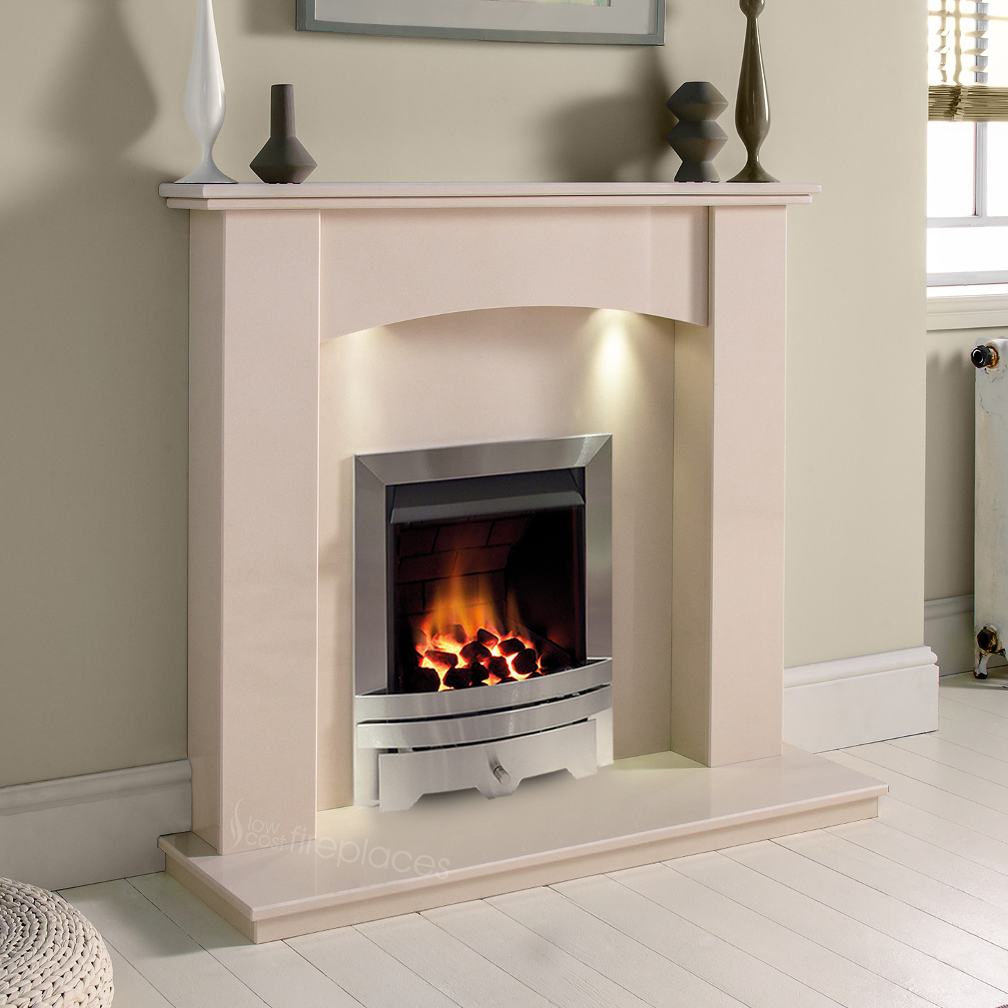Cream Stone Marble Curved Gas Surround Silver Coals Fire Fireplace