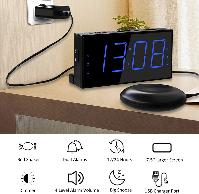 Extra Loud Alarm Clock Heavy Sleeper Bed Shaker Vibrating 7.5 In Large Display