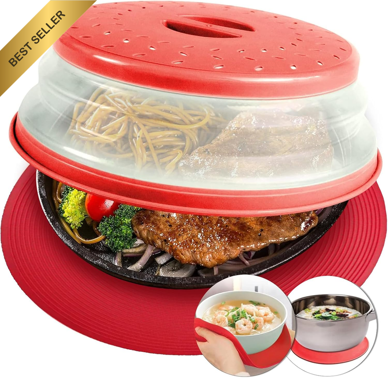 Collapsible Microwave Splatter Cover & Silicone Mat - 10-Inch Vented Food Cover