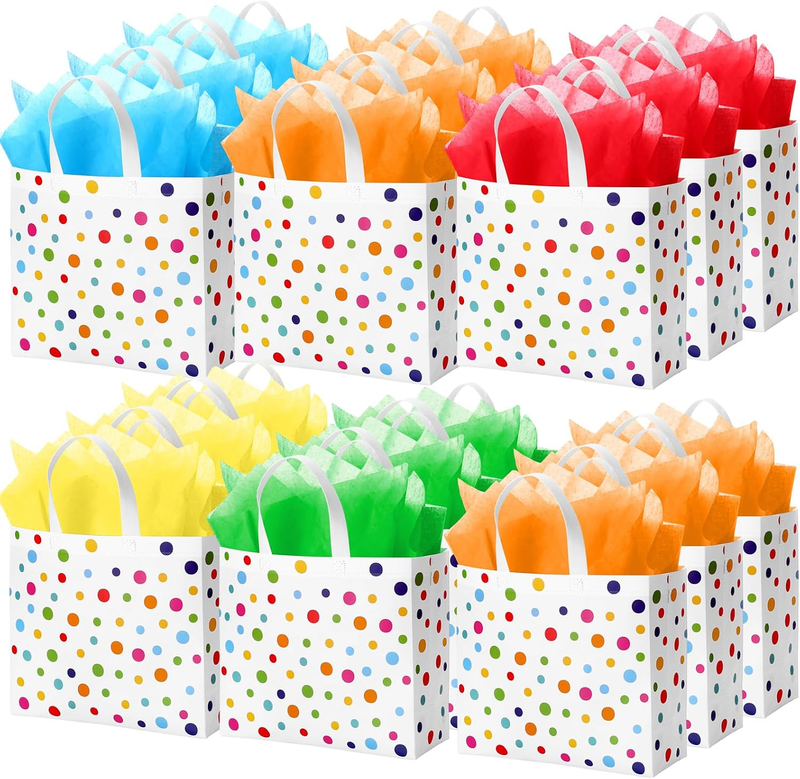 Wesnoy 20 Pack Rainbow Polka Dot Reusable Gift Bags 12" Large Birthday Party Fav