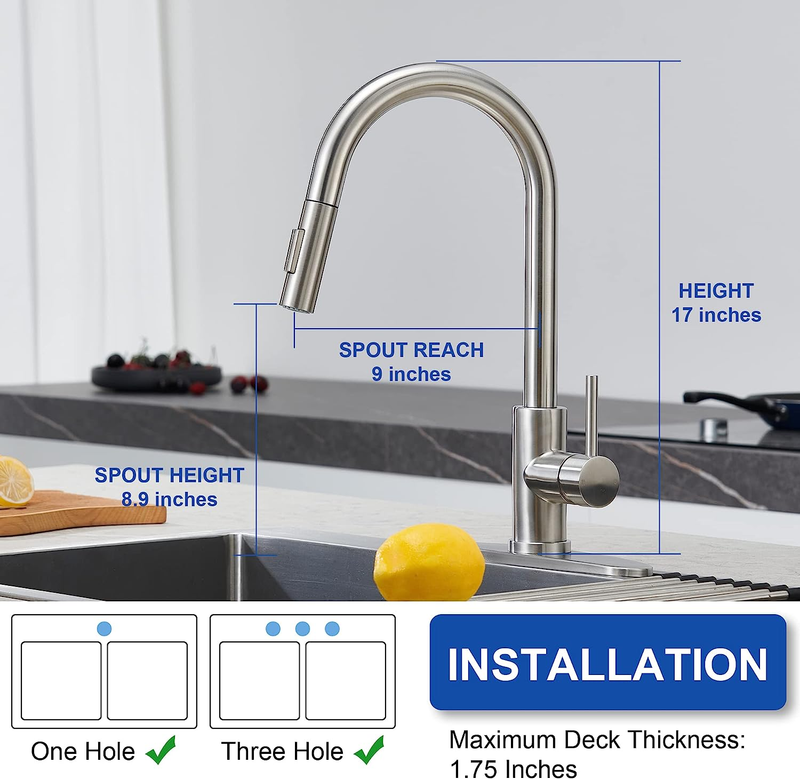 Kitchen Sink Faucets with Pull-Down Sprayer, Modern Stainless Steel Single Handl