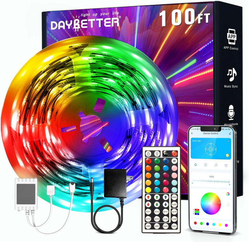 100Ft LED Strip Lights, Smart Light with App Remote Control, RGB LED Lights for Bedroom, Music Sync Color Changing Lights for Room Home Decor Party Festival(1 Roll)