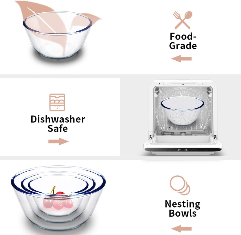 High Borosilicate Glass Mixing Salad Bowls with Lids Set of 3 (4.5QT,2.7QT,1.1QT