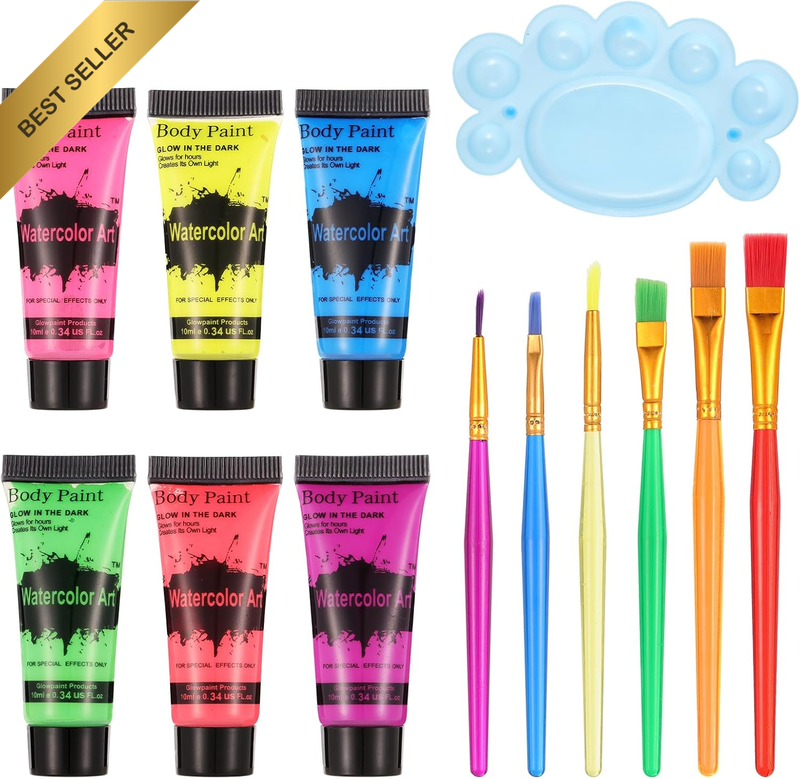 UV Blacklight Neon Face Body Paint Makeup Kit, 6 Colors Neon Blacklight Glow Rea
