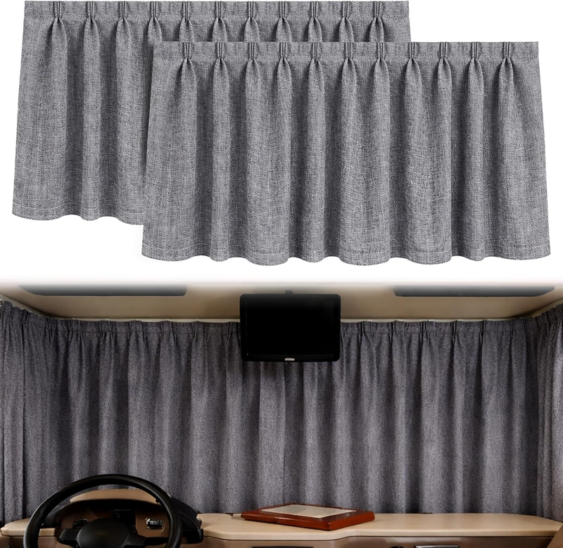2 Pcs Rv Windshield Curtain Set for Class a Motorhomes, 120 X 40 Blackout Privacy Rv Curtain Window Cover with Tiebacks &, Thick Linen Fabric, Easy to Install(Grey,Drapery Hooks)