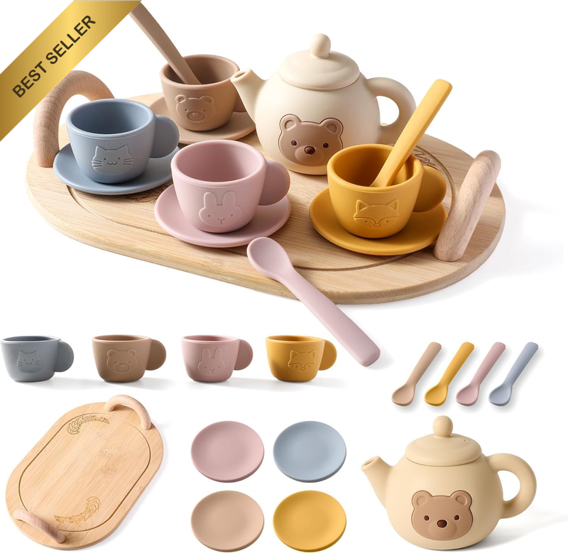 Tea Party Set for Little Tea Set with Silicone Teapot Cups Coasters Carrying Sco