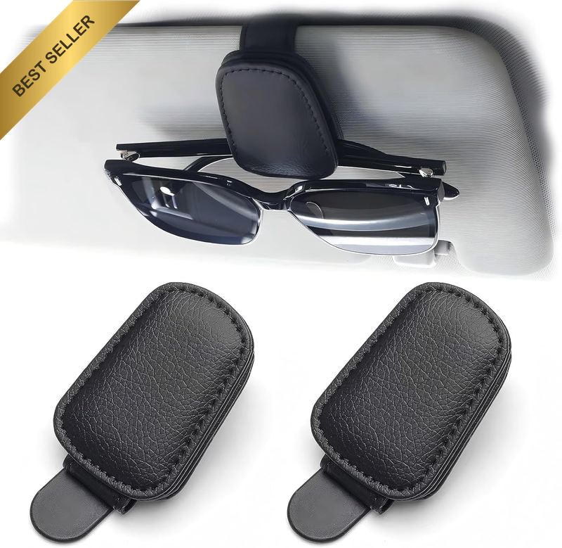 2 Packs Car Sunglass Holder, Magnetic Leather Sunglasses Holder and Ticket Card