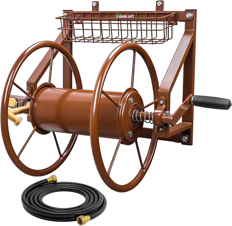 Garden Hose Reel Wall Mounted Heavy Duty Metal Holds 155ft 5/8 Inch Rustproof