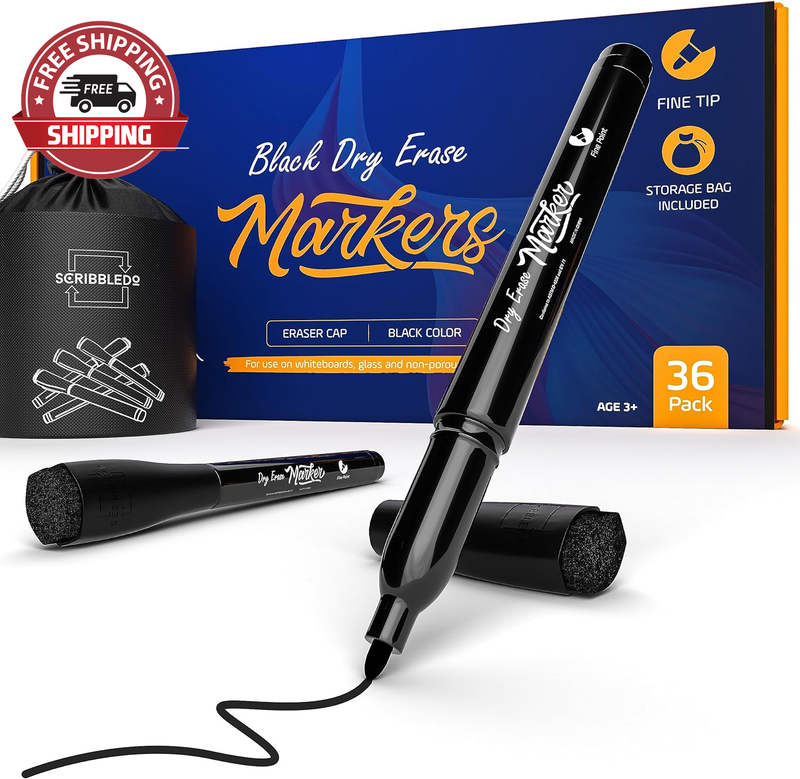 36 Pack Dry Erase Markers Black Fine Tip Whiteboard Markers with Eraser Cap Thin