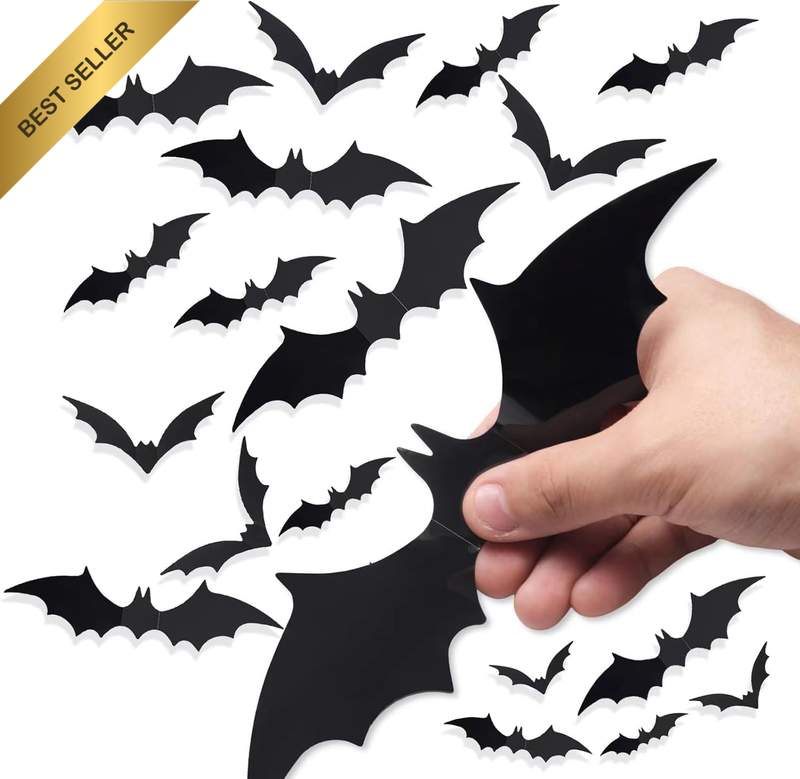 60 Pcs Halloween Bat Decorations, 4 Sizes PVC Black 3D Bats Halloween Decoration
