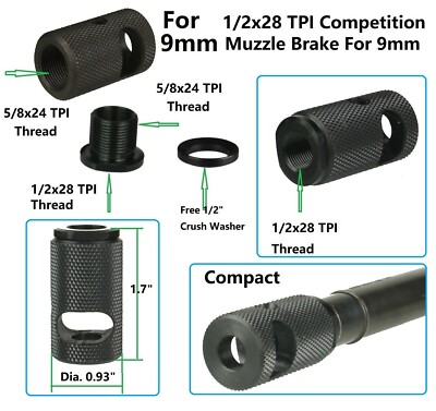 Compact Low Concussion Competition Muzzle Brake Compensator 1/2x28 TPI For 9mm  