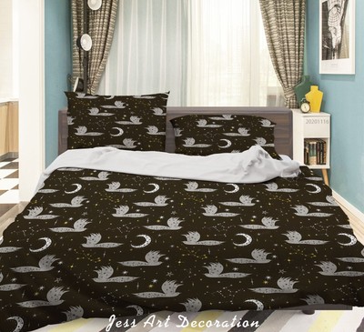 3D Birds Moon Star Black Grey Quilt Cover Set Duvet Cover Bedding Pillowcases