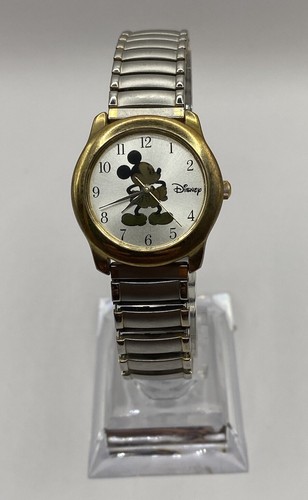 DISNEY MICKEY MOUSE WATCH GOLD TONE STRETCH METAL BAND