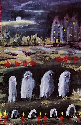 aceo painting; Halloween ghosts, castle, candles, spooky, graves