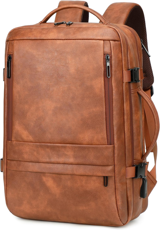 Travel Backpack Women 40L PU Leather Carry On Laptop Bag Expandable Weekender