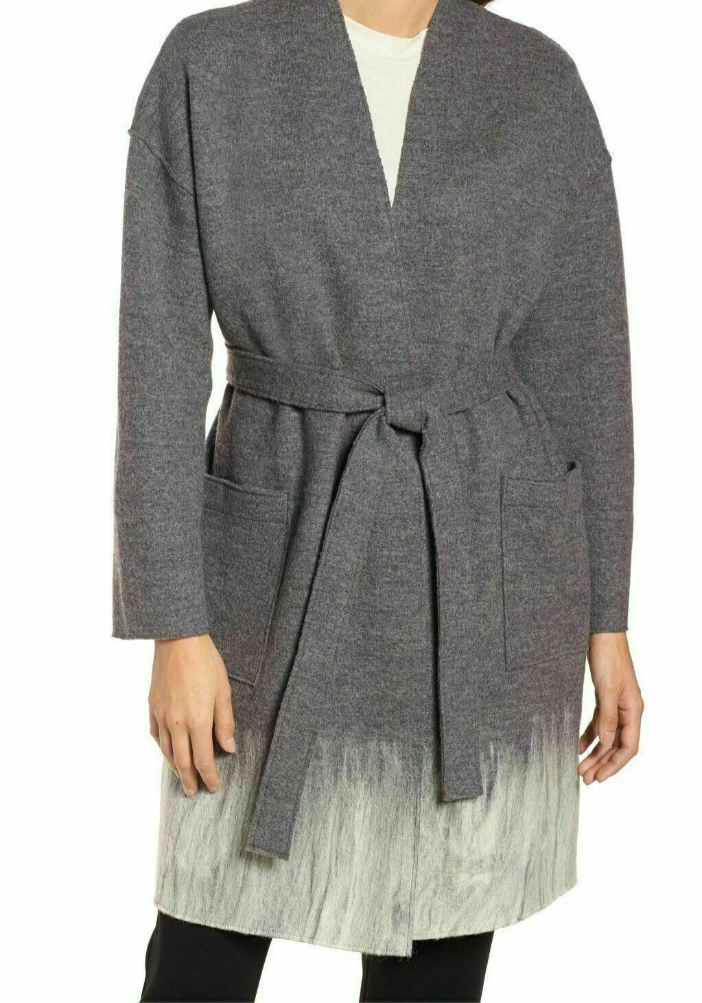 Pre-owned Eileen Fisher $498  Boiled Wool Mohair Ash/soft White Kimono Coat L / Xl