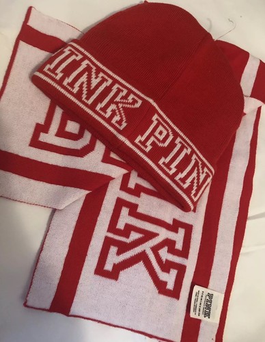 NEW Victoria's Secret PINK Red & White Logo Winter Scarf and Beanie hat Set NWT