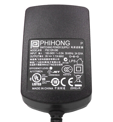 9V DC Power Supply, 1.11A, UL/cUL/CE certified, US/EU/UK/AU Compatible AC Plug
