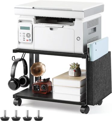 2-Tier Under Desk Printer Stand with Storage Printer Table Cart for Home Black
