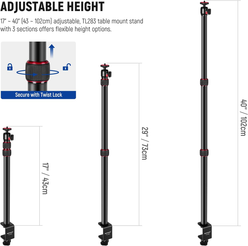 Extendable Camera Desk Mount with Ball Head, 17"-40" Adjustable Table Light Stan