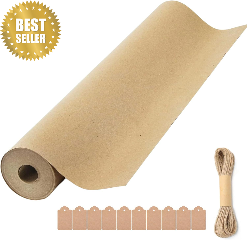 Brown Wrapping Paper Roll,0.45M*10M/30M Brown Kraft Paper Roll with Twine and Gi