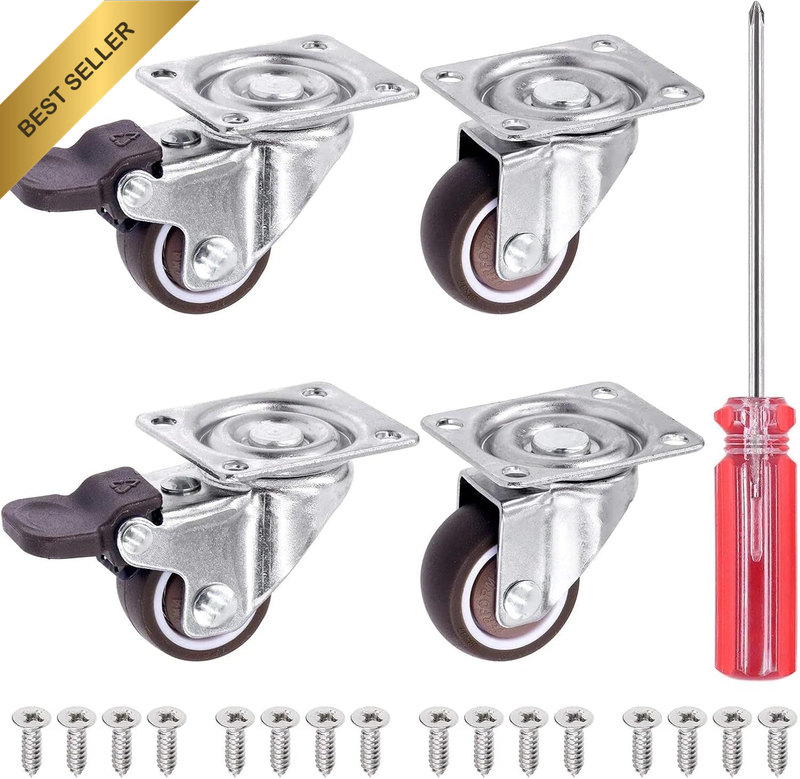 1.25 Inch Swivel Caster Wheels Set of 4, Heavy Duty Rubber Casters with Brakes,