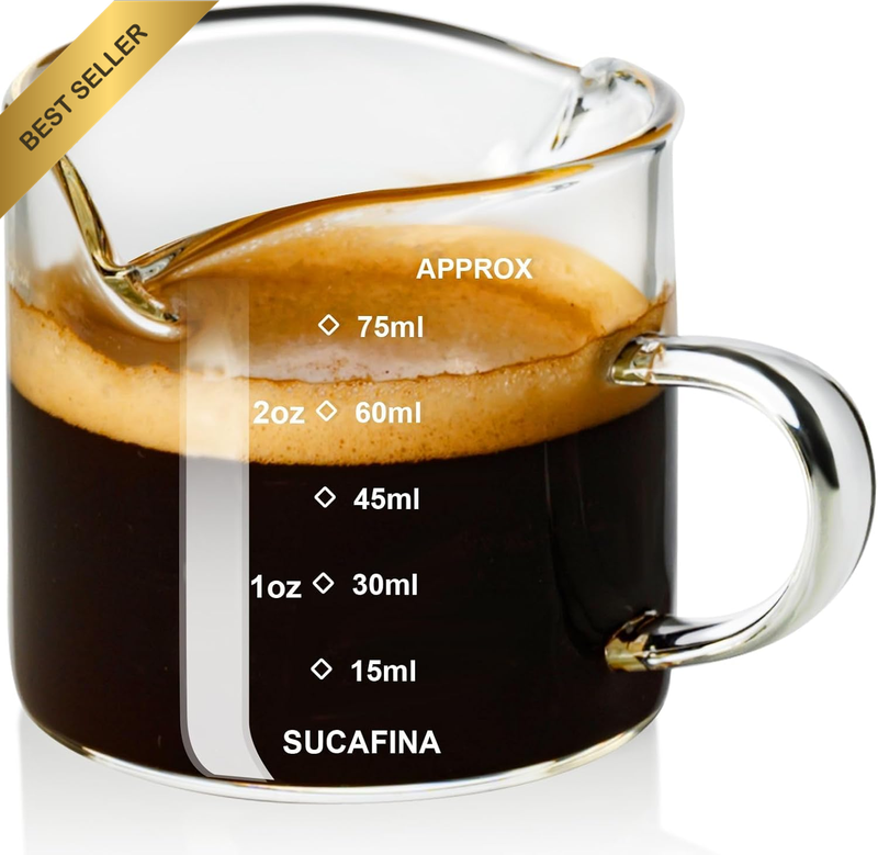 Two Spout Espresso Shot Glass with Handle, 2.5Oz Glass Measuring Cup with Pitche