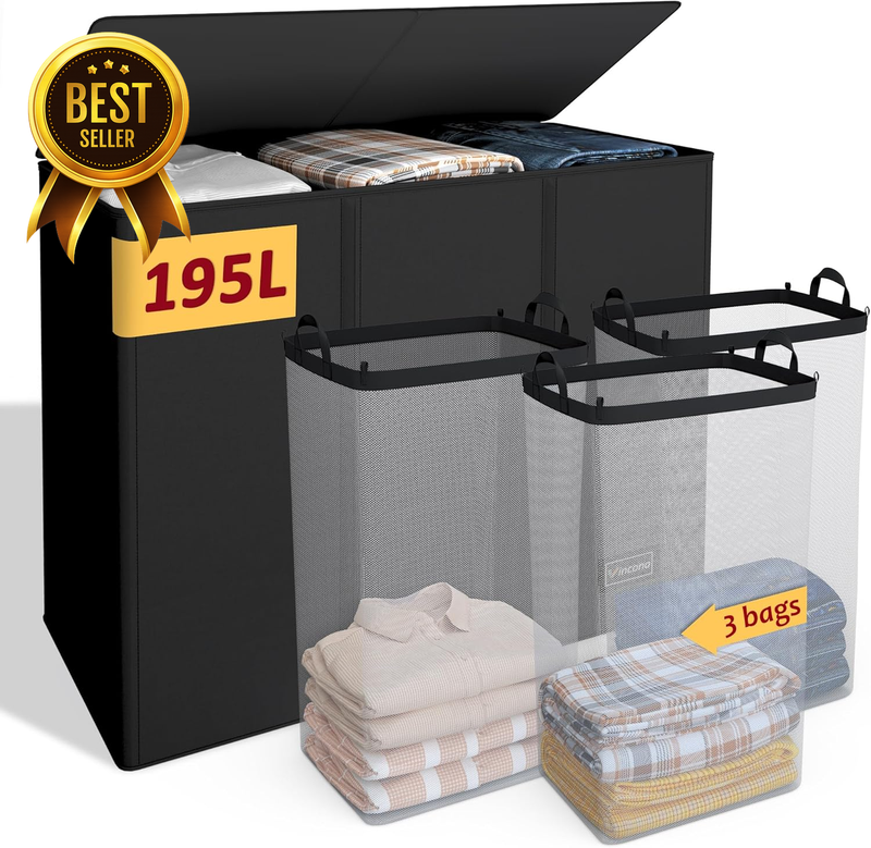195L 3-Section Collapsible Laundry Sorter Hamper with Lid and Inner Bags