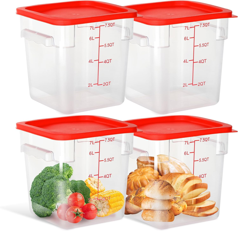 4 Pack 8 Quart Food Storage Containers with Lids, Polycarbonate Square Commercial Food Containers, NSF, Clear, New Version