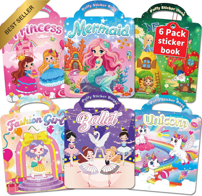 6 Set Puffy Reusable Sticker Books for Kids 2-4,3D Sticker Books for Toddlers 1-