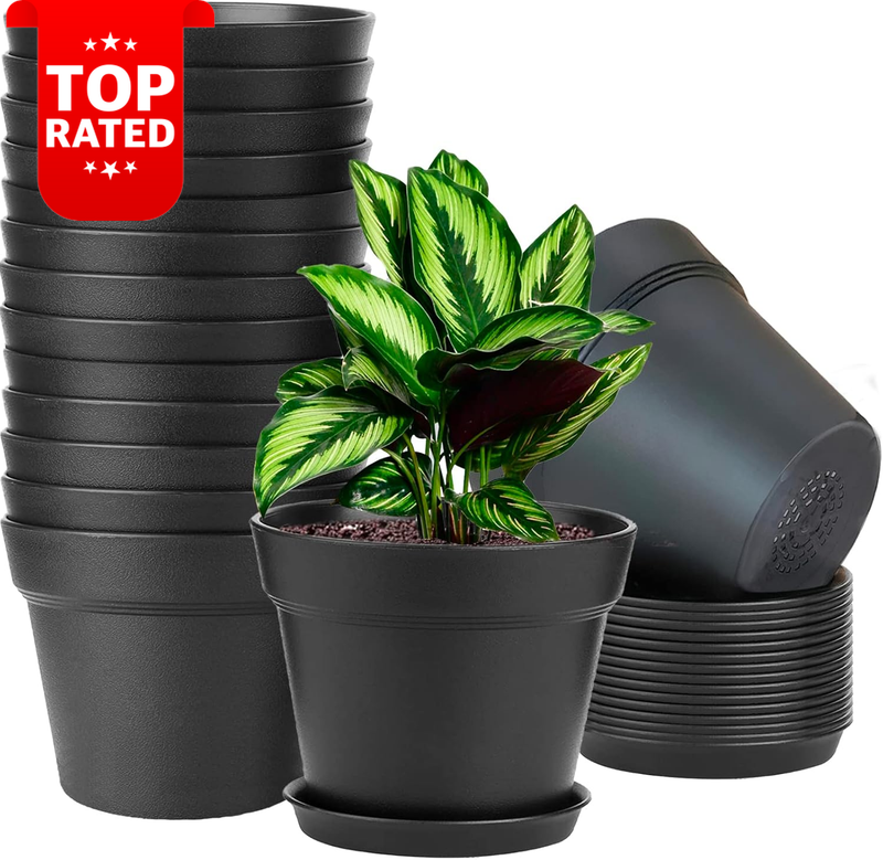 16 Pack 6 Inch Black Plastic Flower Pots Indoor Planters with Drainage Holes