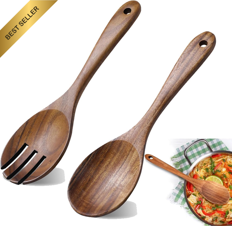 Wooden Salad Servers Set with Dinner Fork and Spoon, 2 Pieces | 25.9 X 7.1 Cm, S