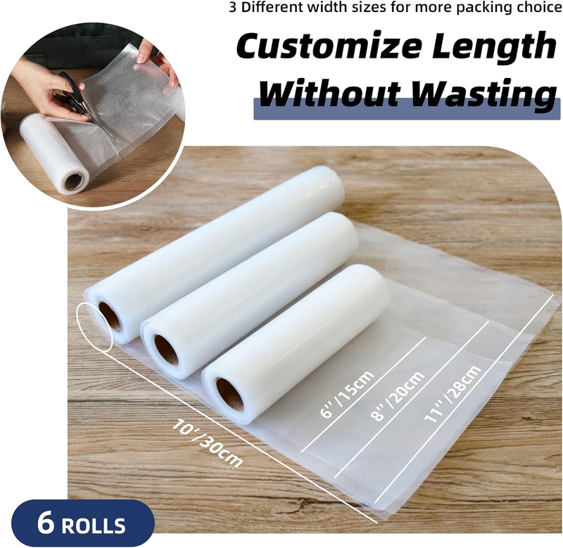 Vacuum Sealer Bags 2 Rolls 6"x10' and 2 Rolls 8"x10' and 2 Rolls 11"x10' Commerc
