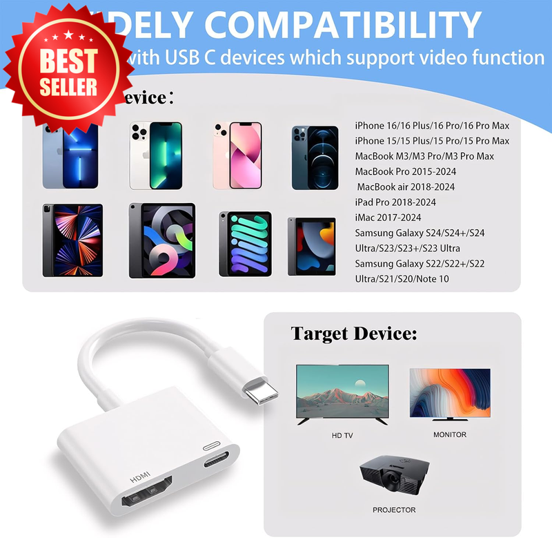 USB Type C to HDMI for TV, 4K@60Hz Adapter Charging Port Iphone