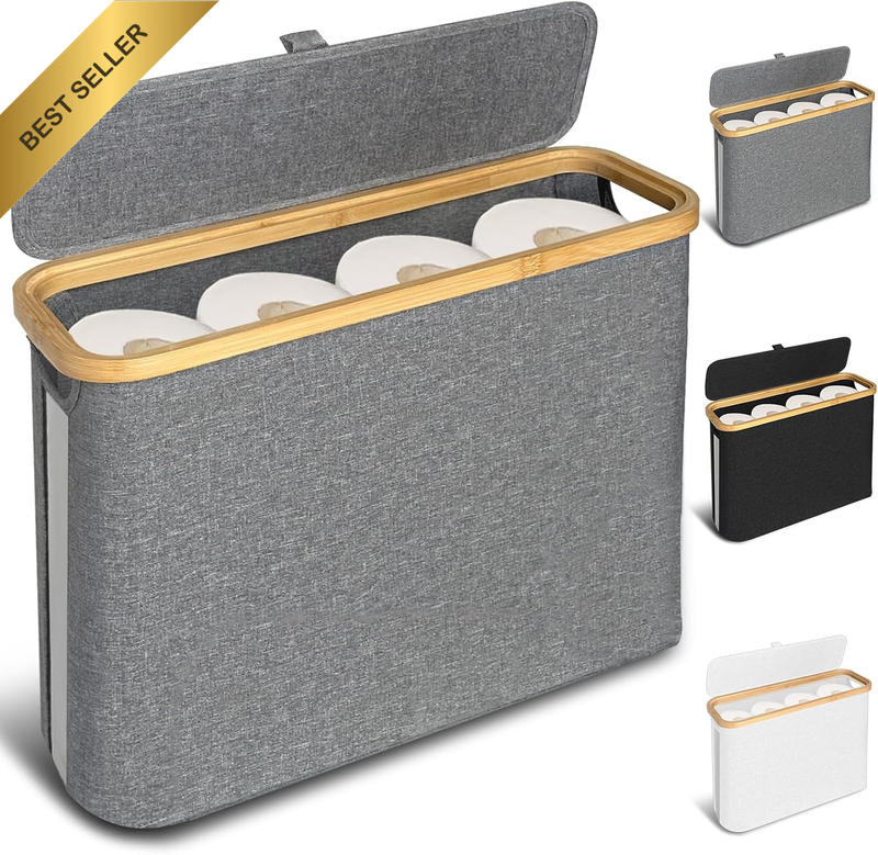 Foldable Bamboo Toilet Paper Storage Basket with Handle Grey