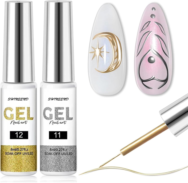 Metallic Gel Liner Nail Art Silver Bronze Gold 2Pcs Set Mirror Chrome 3D Effect