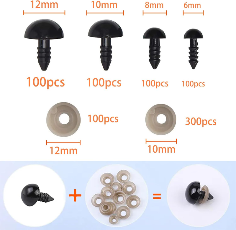 Safety Eyes, 800 Pieces Black Safety Eyes, 6mm 8mm 10mm 12mm Plastic Safety Eye