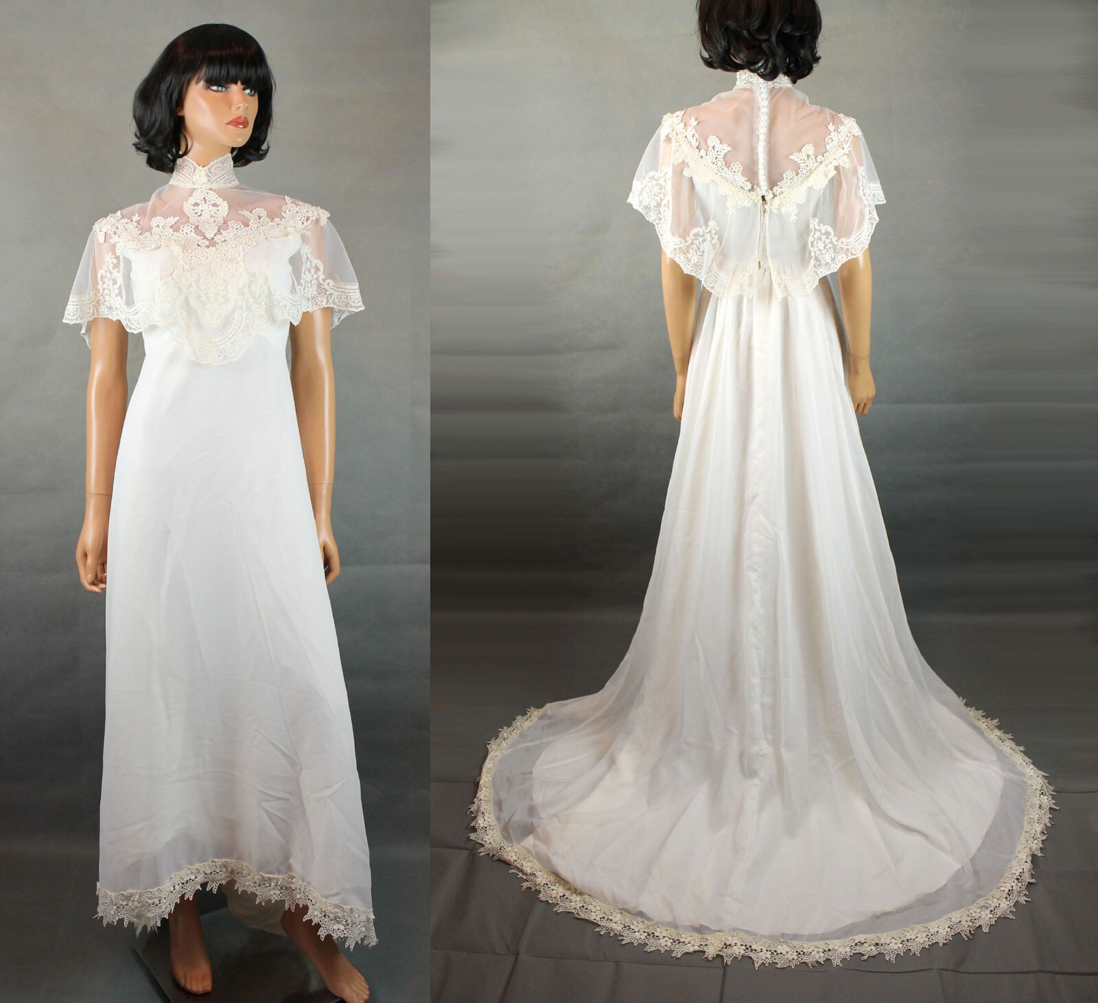 Hippie Wedding Gown XS Vintage Off White Chiffon High Collar Hippie Wedding Gown XS Vintage Off White Chiffon High Collar