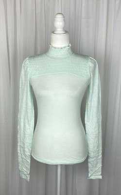 Free People We The Free Sz XS Blue Smocked High Neck Caroline Knit Top New