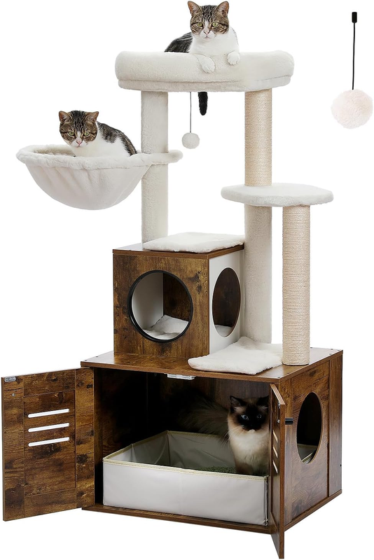 Cat Tree with Cat Litter Box Included,50" Modern Cat Tower with Cat Condo, Wood