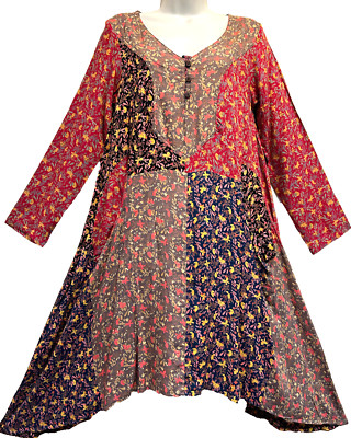 Nwt SACRED THREADS floral funky hippie rayon pocket sharkbite DRESS M Free shipp