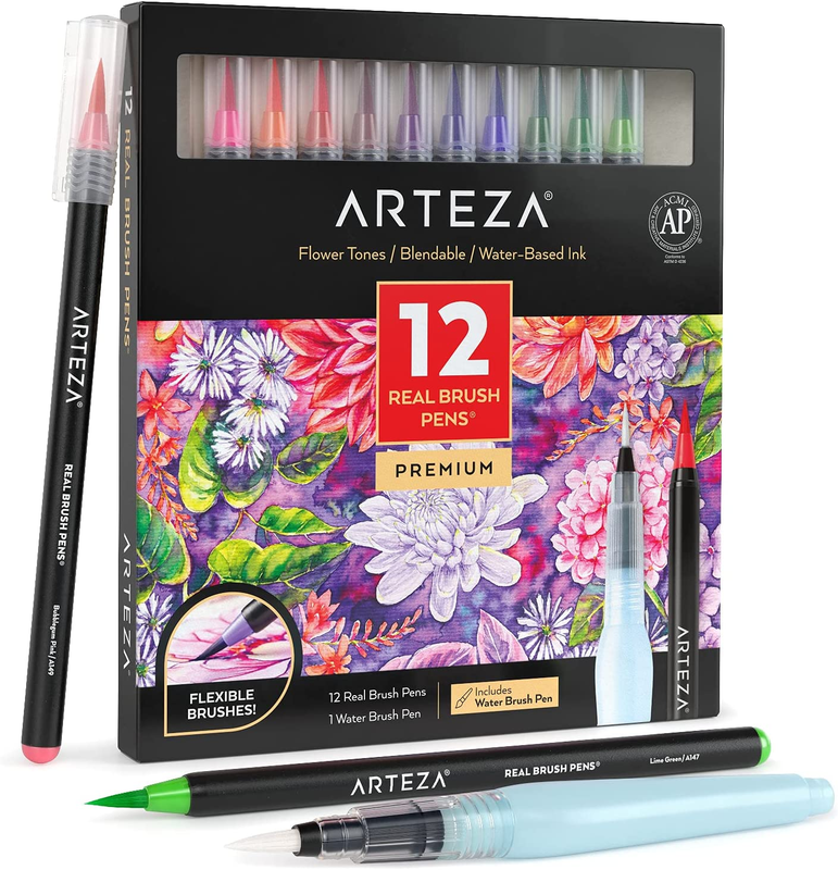 ARTEZA Real Brush Pens, Set of 12, Flower Tones, Blendable Watercolor Markers an