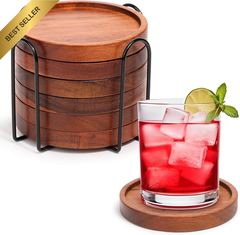 Wooden Coasters Set of 6 with Holder, Wood Drink Coasters for Coffee Table, Farm