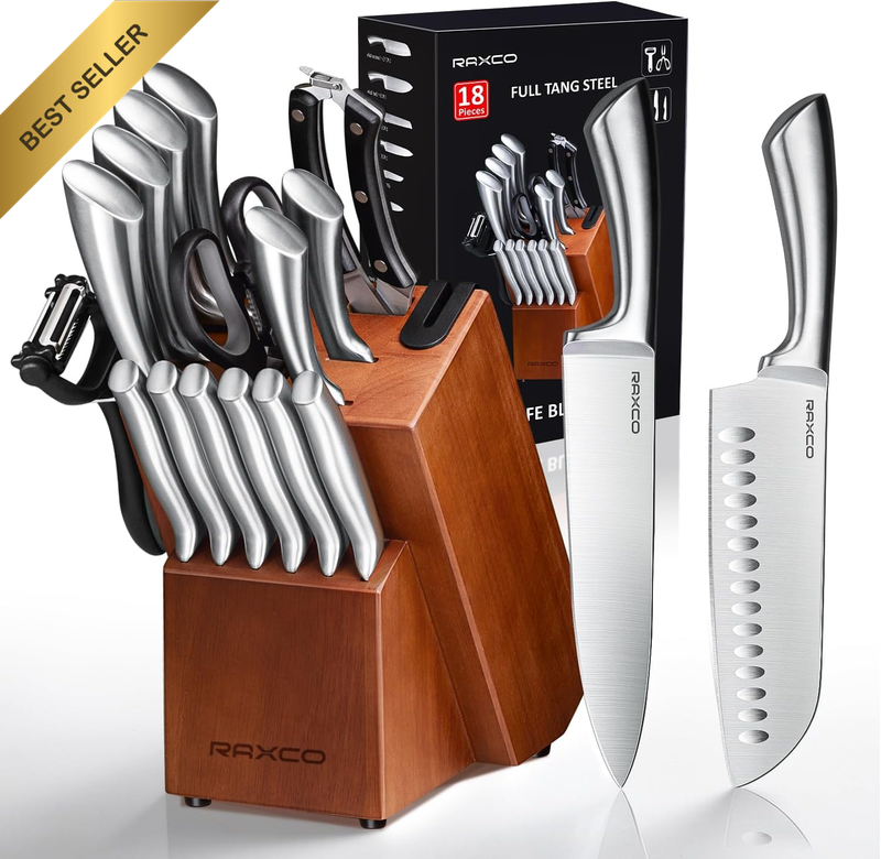 18pc Knife Block Set w/ Sharpener & 6 Steak Knives