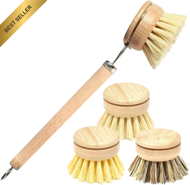 Washing up Brush, 3 Replacement Heads, Sustainable Dish Brush, Kitchen Brush for