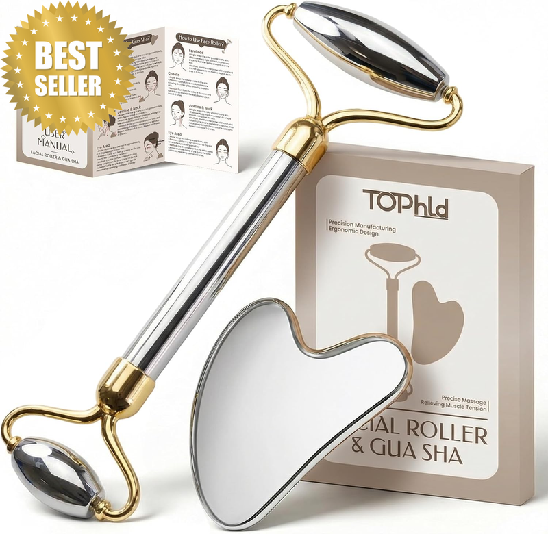 Stainless Steel Face Roller & Gua Sha Facial Tools, Face Massager for Self Care,