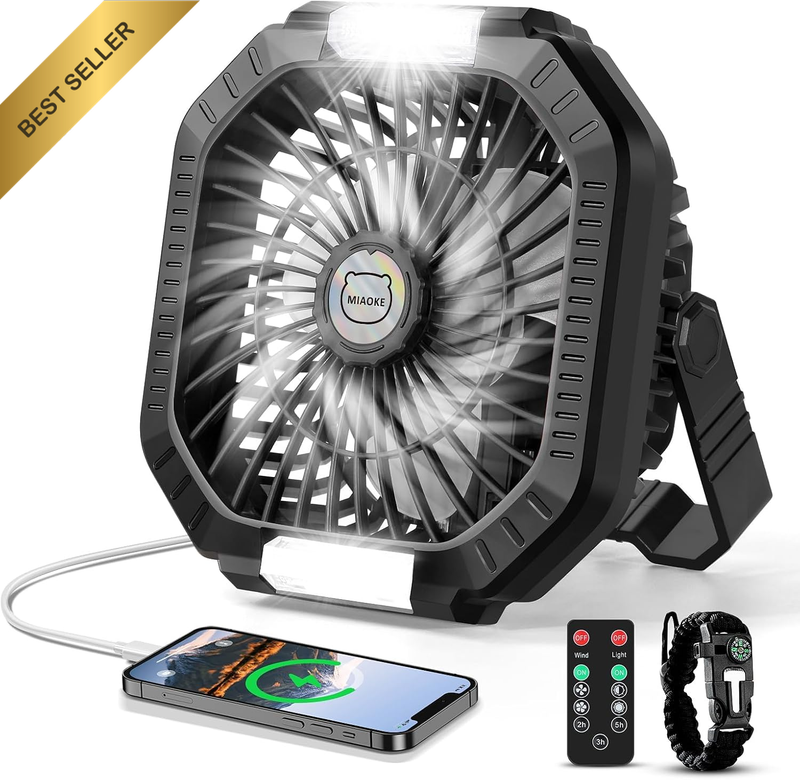 Camping Fan, 10400Mah USB Table Fan with Battery, Built-In Light, Hook, Paracord