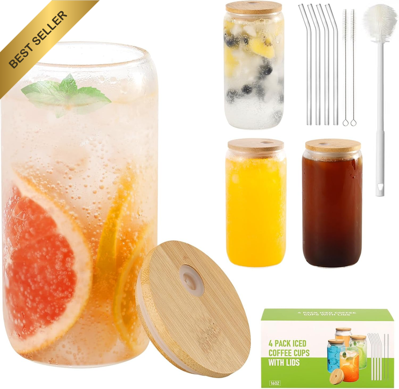 4 Set Glass Cups with Bamboo Lids and Straws, 16Oz Can Shaped Glass Cups, Iced C